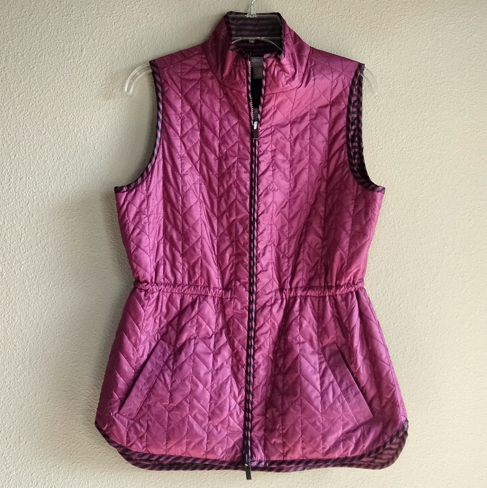 Chicos Size 0 Reversible Women's Quilted Pink Puffer Vest And Striped
